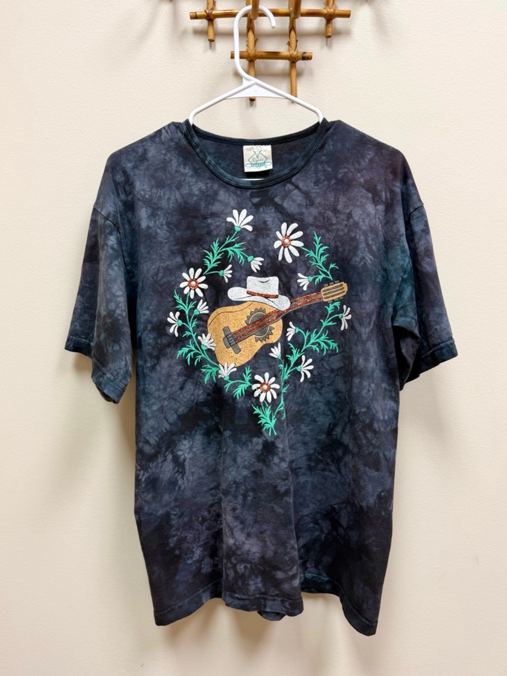 90s Vintage 🌼 Lynee Apparel Tie-Dye Bedazzled Cowgirl Guitar Tee